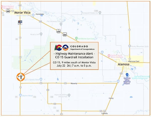 Map of guardrail installation on CO Highway 15, south of Monte Vista