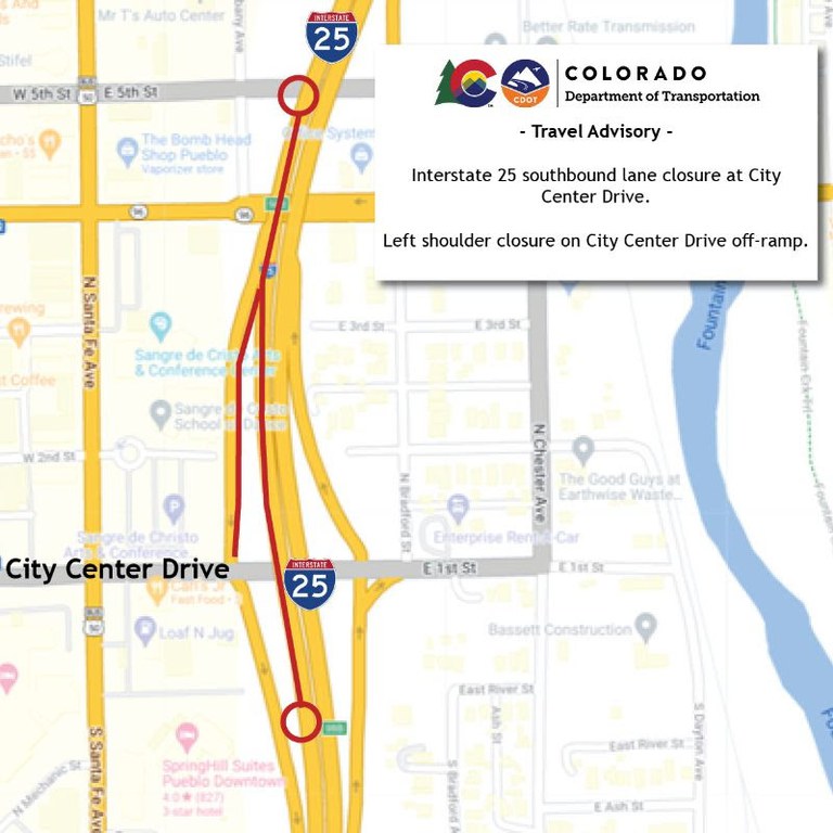 Road map identifying Interstate 25 in Pueblo at City Center Drive Exit 98B.