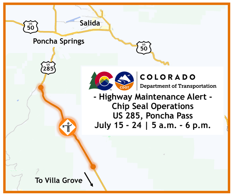 Colorado Department of Transportation Highway Maintenance Alert Map of chip seal operations on US 285, south of Poncha Springs