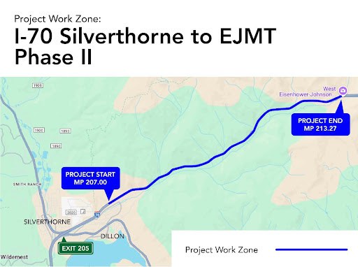 Map of the I-70 Resurfacing Project Phase Two Work Zone from Silverthorne to Eisenhower Johnson Memorial Tunnel