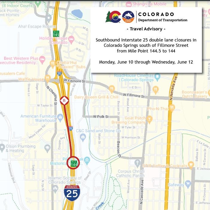 Double Lane Closures Map for Concrete Pothole Repairs - Southbound I-25 south of Fillmore Street from Mile Point 144.5 to MP 144 on June 10 to June 12