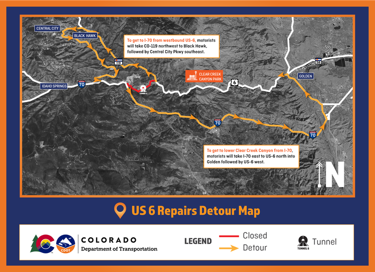 Clear Creek Canyon (US 6) Tunnel Repair Detour Map
