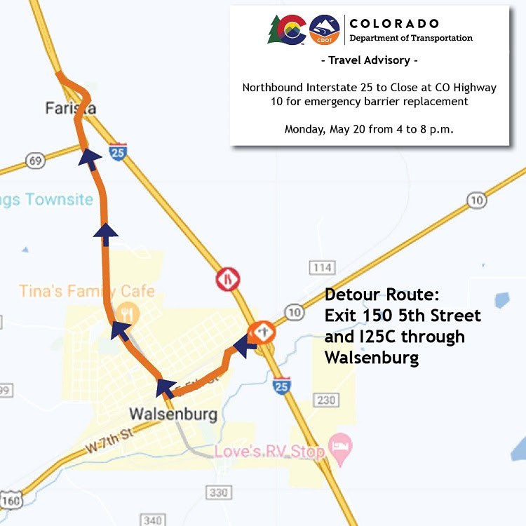 Detour map for northbound I-25 traffic. Northbound Interstate 25 to close at CO 10 for emergency barrier replacement. 