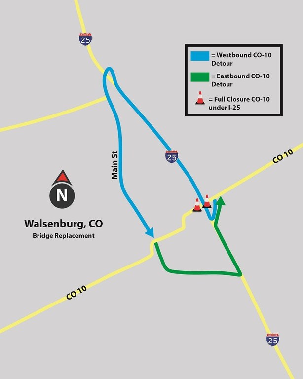 Detour map through Walsenburg for CO 10 closure under I-25