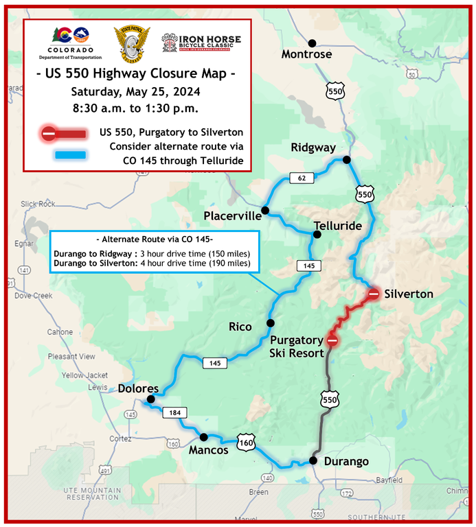 Map of US 550 closure and suggested alternate routes via CO 145 during the 2024 Iron Horse Bicycle Classic.