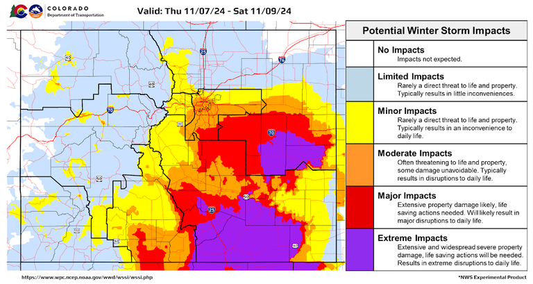 Colorado Department of Transportation's winter storm impacts map Nov. 7 through Nov. 9, 2024