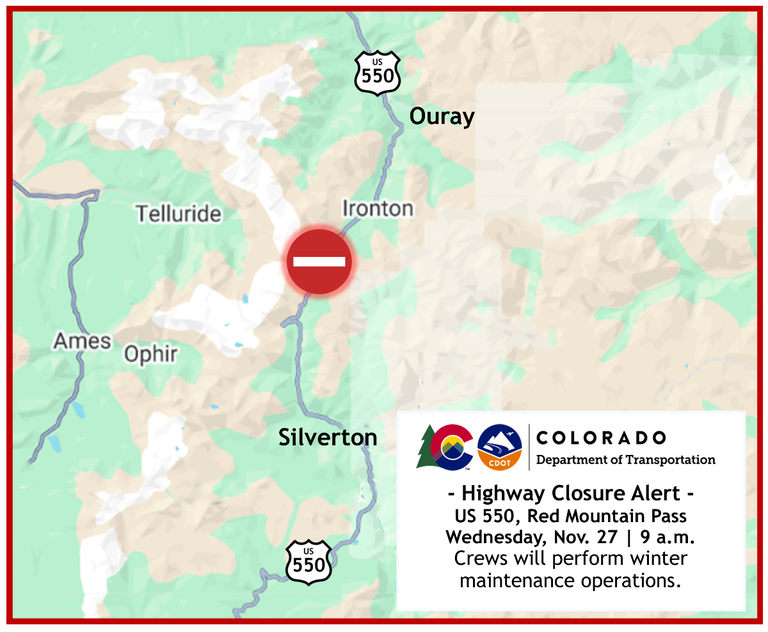 Colorado Department of Transportation Highway Closure Alert Map of the Nov. 27 closure on US 550 Red Mountain pass between Silverton and Ouray while crews perform winter maintenance operations