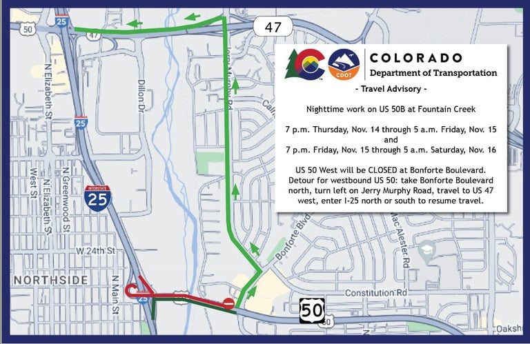 Detour map of westbound US 50 closure at Bonforte Boulevard in Pueblo. Detour takes motorists north on Bonforte Boulevard, north on Jerry Murphy Road to CO 47, west on CO 47 to Interstate 25.