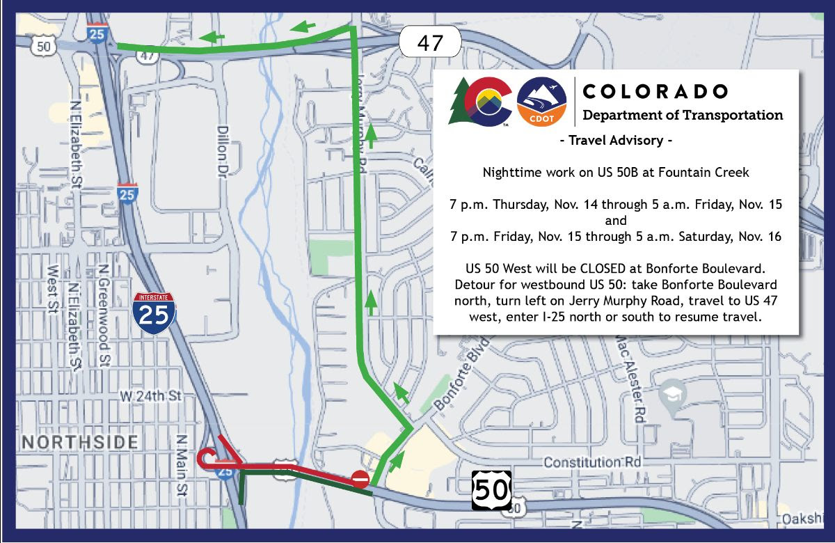 Detour map of westbound US 50 closure at Bonforte Boulevard in Pueblo..jpg detail image