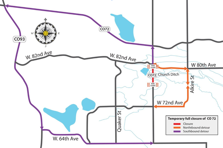 Indiana Street (CO 72) detour map.