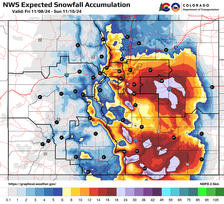 National Weather Service Expected Snowfall Accumulation map Nov. 8 through Nov. 10, 2024