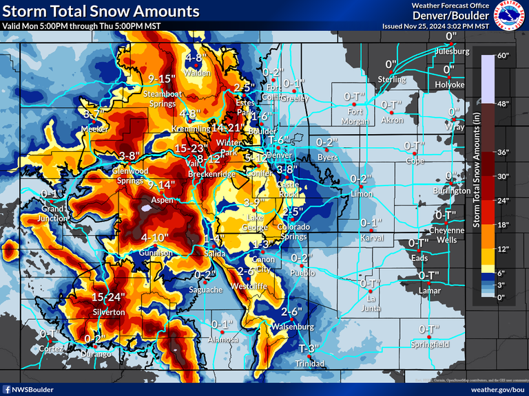 NWS Expected Snowfall Accumulation map Nov. 25 through Nov. 28