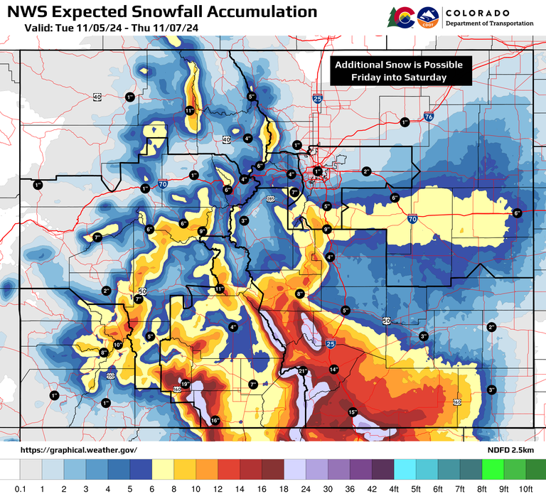 National Weather Service Expected Snowfall Accumulation Map Nov. 5 through Nov. 7, 2024