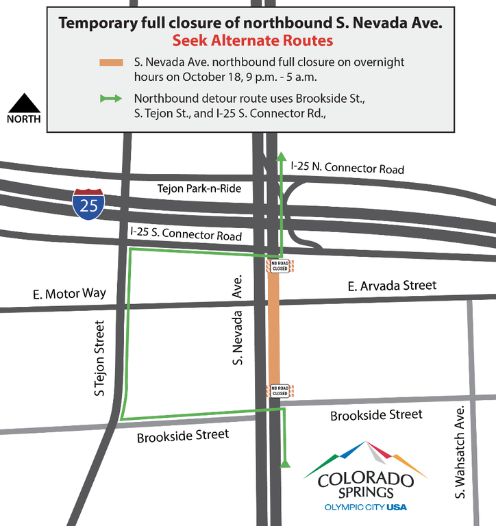 Detour map of temporary full closure of northbound South Nevada Avenue (Colorado Highway 115)