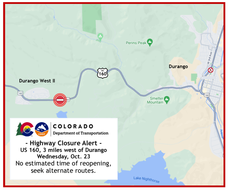 Highway Closure Alert map of the closure on US 160 near Lake Durango Drive, approximately 3 miles west of Durango