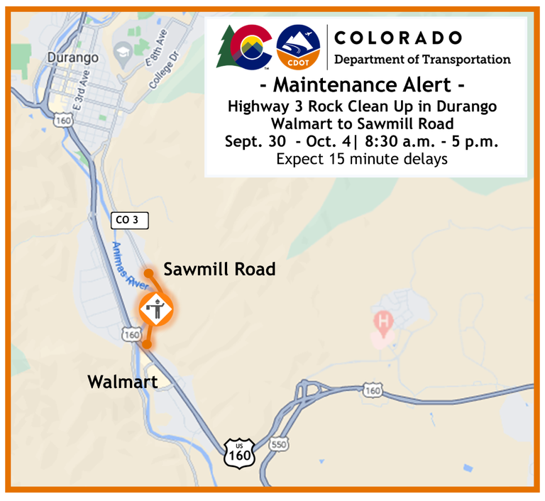 Colorado Department of Transportation Maintenance Alert Map of CO 3 rock clean up operations between Walmart and Sawmill Road. Motorists can expect 15 minute delays from September 30 to October 4 between 830 a.m. and 5 p.m.