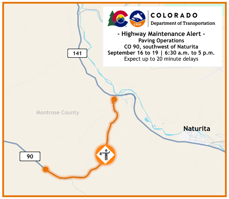 Map of CO 90 paving operations located southwest of Naturita near the junction of CO 141