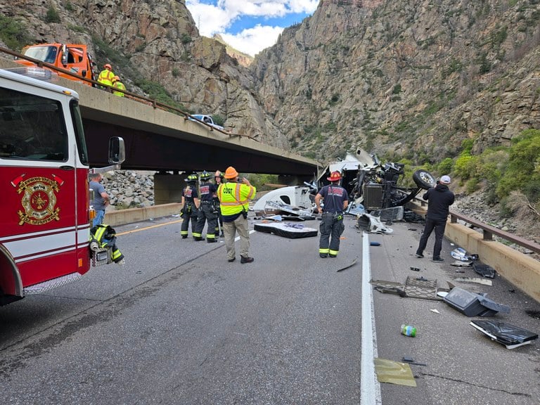 Emergency crews respond to a commercial semi-truck that crashed on I-70 about six miles east of Glenwood Spring