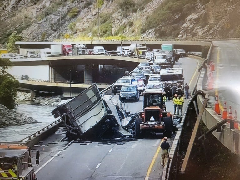 A commercial semi-truck crashed on I-70 about six miles east of Glenwood Spring