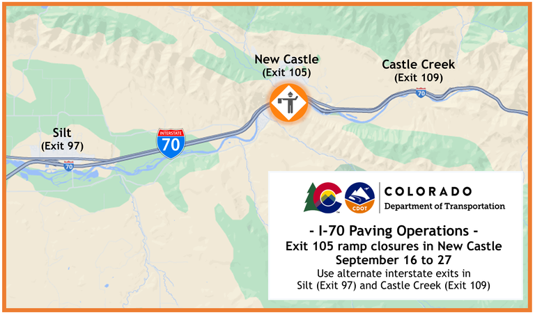 Map of scheduled I-70 paving operations for the New Castle on and off ramps (Exit 105)