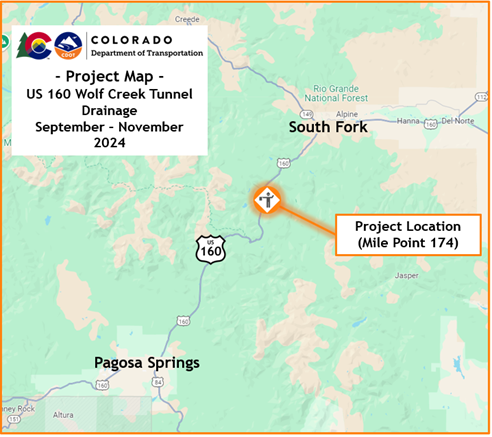 Map of the US 160 Wolf Creek tunnel drainage work between South Fork and Pagosa Springs