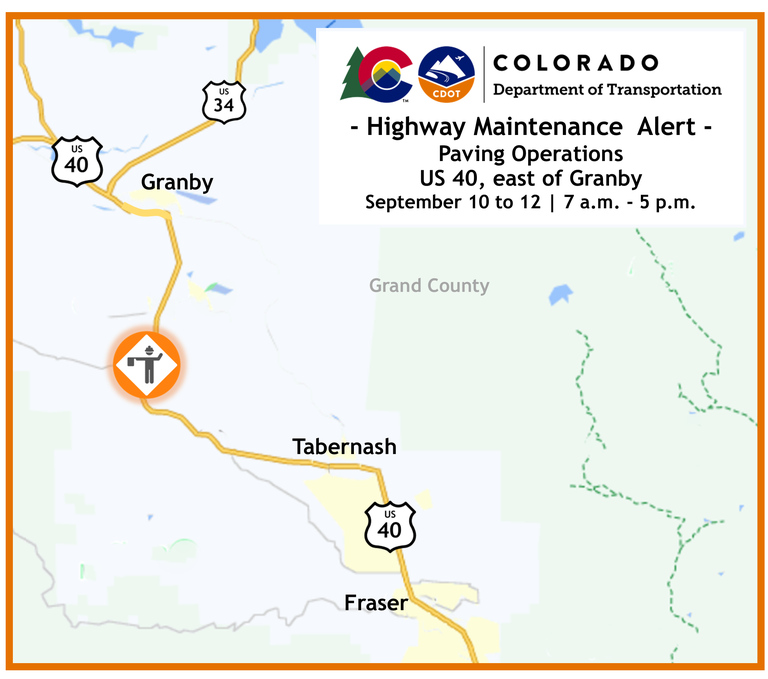 Map of US 40 paving operations between Granby and Tabernash