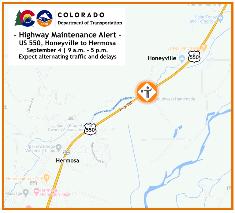 Map of ditch clearing operations on US Highway 550 between Honeyville and Hermosa