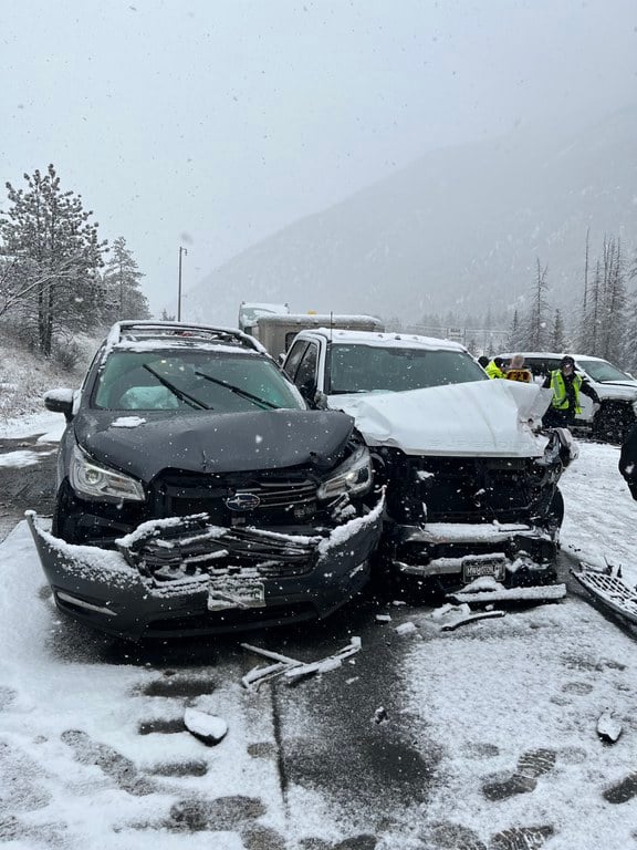 Two-car collision during snowy condition. Crash image captured from Monday, Feb. 16, I-70 westbound closure near Empire Junction/ Exit 232 and Georgetown/ Exit 228.