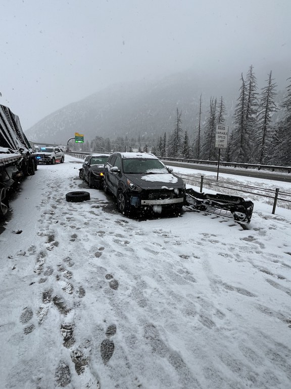 Front view of a two-car collision showing a detached front grill and bumper. Crash image captured from Monday, Feb. 16, I-70 westbound closure near Empire Junction/ Exit 232 and Georgetown/ Exit 228.