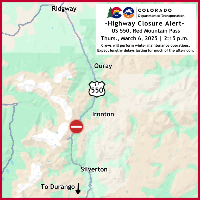 Colorado Department of Transportation Highway Closure Alert map US 550 between Silverton and Ouray March 6, 2025 at 2:15 p.m.