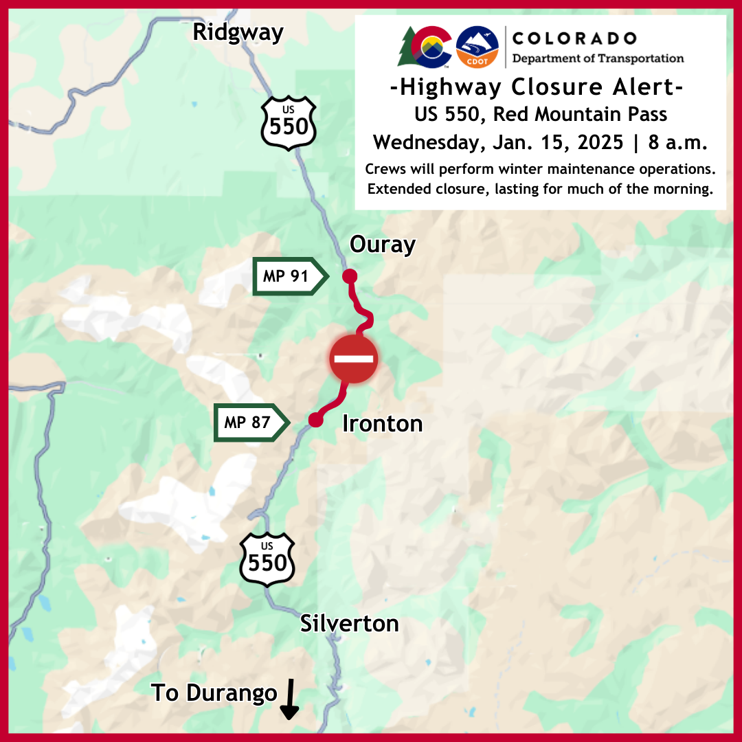 Highway closure map US 550 Red Mountain Pass between Silverton and Ouray 01152025.png detail image