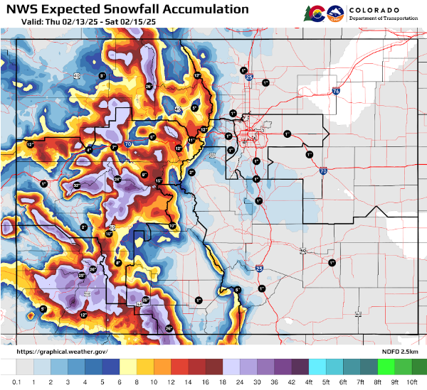 CDOT's snowfall accumulation map for Thursday, Feb. 13, through Saturday, Feb. 15.