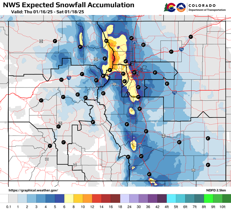 CDOT's snowfall accumulation map for Thursday, Jan. 16, through Saturday, Jan. 18