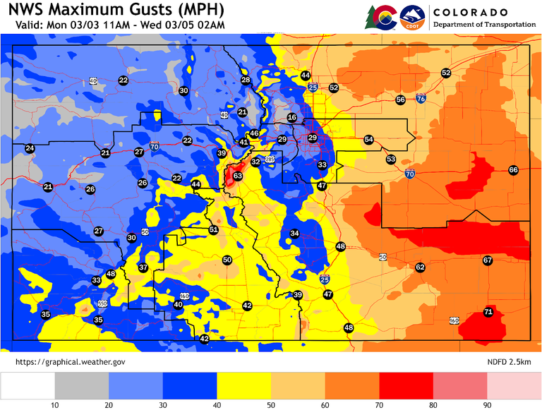 National Weather Service Maximum Wind Gusts Map March 3 to March 4, 2025