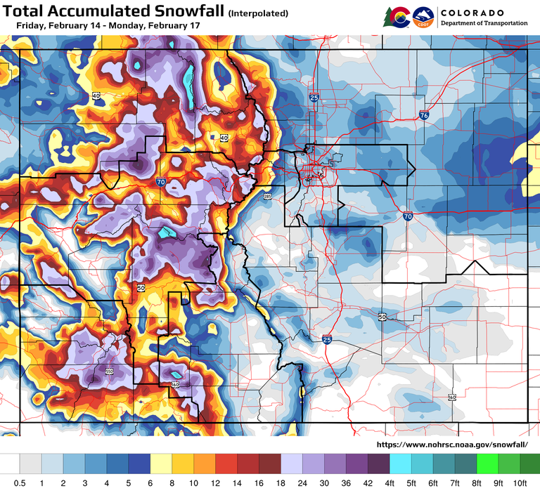 CDOT map indicating accumulated snowfall seen throughout the state from Friday, Feb. 14, through Monday, Feb. 17.