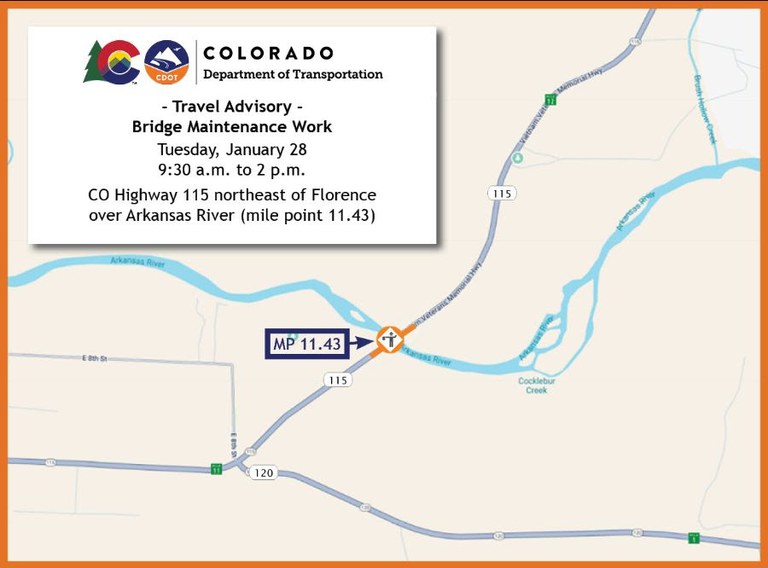 Map of Colorado Highway 115 northeast of Florence indicating where bridge maintenance work will take place over the Arkansas River at mile point 11.43.