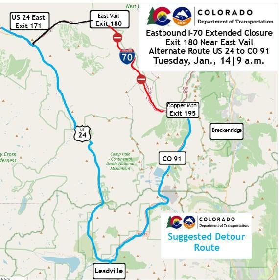 CDOT travel alert map for eastbound I-70 closure at East Vail/Exit 180 for tow recovery operations on Tuesday, Jan. 14, at 9 a.m.