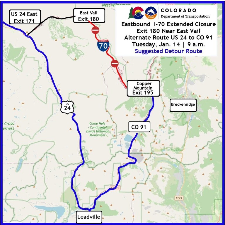 CDOT travel alert map for eastbound I-70 closure at East Vail/Exit 180 for tow recovery operations on Tuesday, Jan. 14, at 9 a.m.