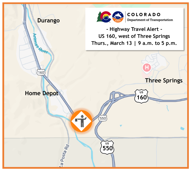 Highway Travel Alert Map US 160 west of Three Springs on Thursday, March 13 from 9 a.m. to 5 p.m.