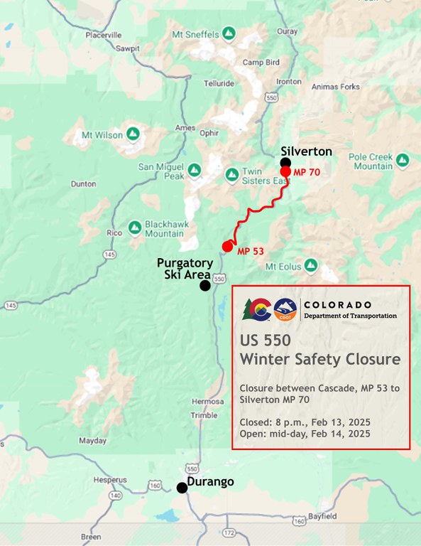 Map of US 550 winter safety closure between Cascade to Silverton