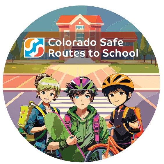 Three students pose on a crosswalk in front of a school wearing backpacks. One is a pedestrian. One holds a skateboard, and another has a bike. 