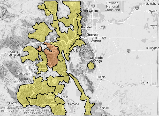 Colorado Avalanche Information Center map shows the avalanche risk level in mountain regions in Colorado.