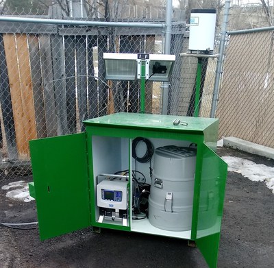 Sampling equipment located within a CDOT Maintenance Facility stored in a  green security box.