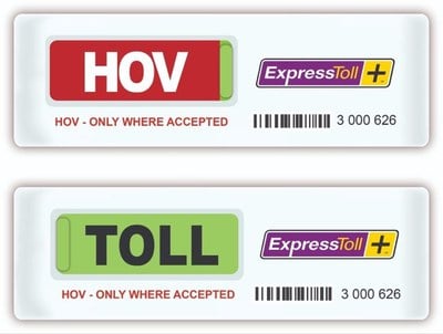 Image of Switchable HOV3+ Transponder pass with text overlay that reads both HOV and TOLL and HOV – Only where accepted.