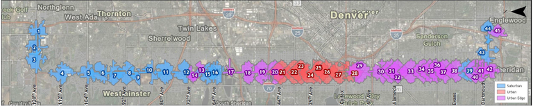 Half mile walksheds encircling each proposed Bustang Stop