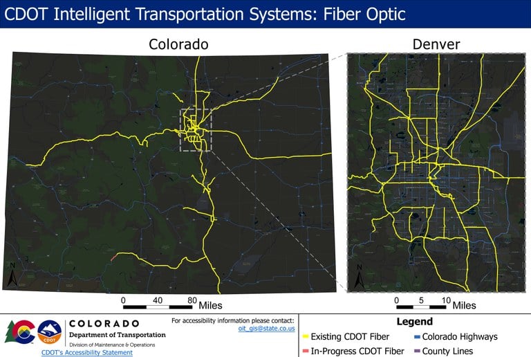 Map frame on left side: This map is displaying CDOT's fiber optic cables network throughout the State of Colorado. The boundary for this map is the Colorado Border. There are three different colored lines displaying data. Yellow lines display existing CDOT Fiber, Red lines are displaying CDOT's in-progress Fiber projects. Blue lines are displaying Colorado highways. The dotted purple line is displaying the boundaries for counties in Colorado.  Map frame on right side: This map is displaying CDOT's fiber optic cables network throughout the Denver-Metropolitan area. The boundary for this map is the Denver area. The yellow line in the map is displaying CDOT's existing fiber optic cables, the blue line is displaying Colorado's highway system, and the dotted purple line is displaying the boundaries for counties in Colorado.