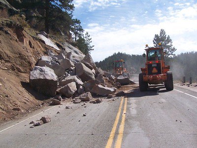 CDOT crews work to clear US24 after a rock slide near Florissant
