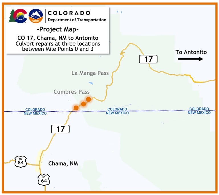 Project Map of work being completed at three locations on Colorado Highway 17 between Chama and Antonito