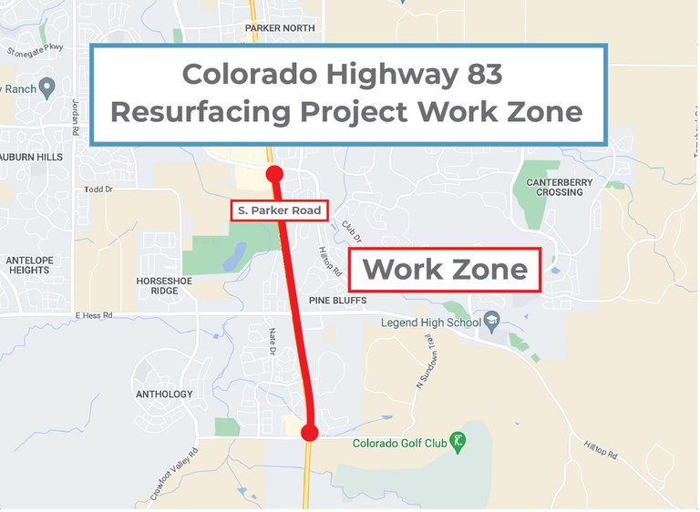 CO 83 (Parker Road) Resurfacing Project through Pine Bluffs - work zone map