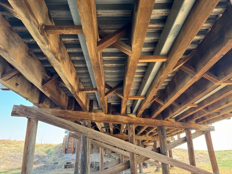 Underside of completed timber bridge